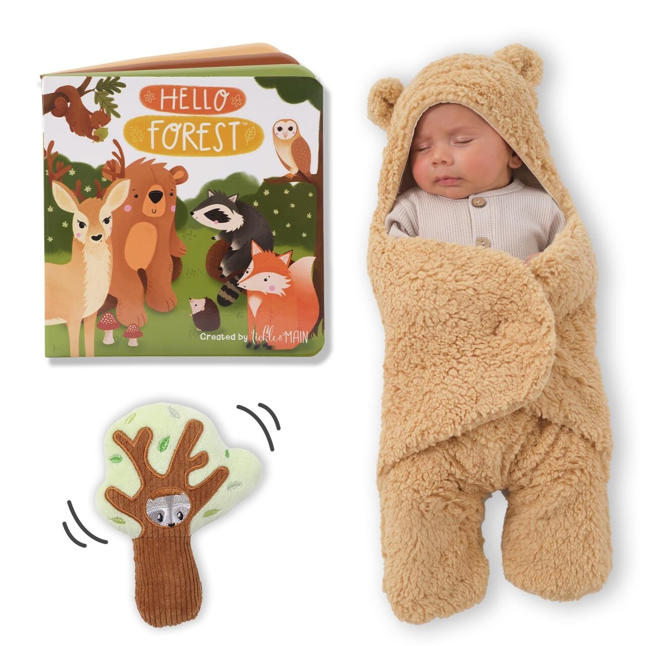 Tickle & Main Bear Swaddle Blanket Set with Baby Essentials, 16-Page Illustrated Story Book and Cute Plush Cotton Tree Rattle Toy. 3-Piece Baby Registry Search Gift for 0-12 Months Baby